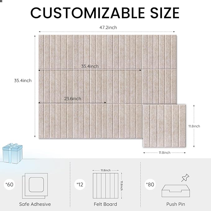Large Cork Bulletin Board for Wall 48"x36", 12 Pack Felt Slat Wall Panel Tiles - Image 4