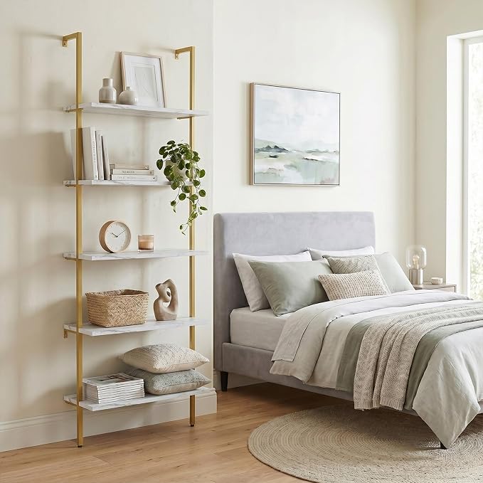 aboxoo Ladder Shelf 2PCS White Marble Bookshelf 5-Tier Wall-Mounted Wood Rack - Image 7