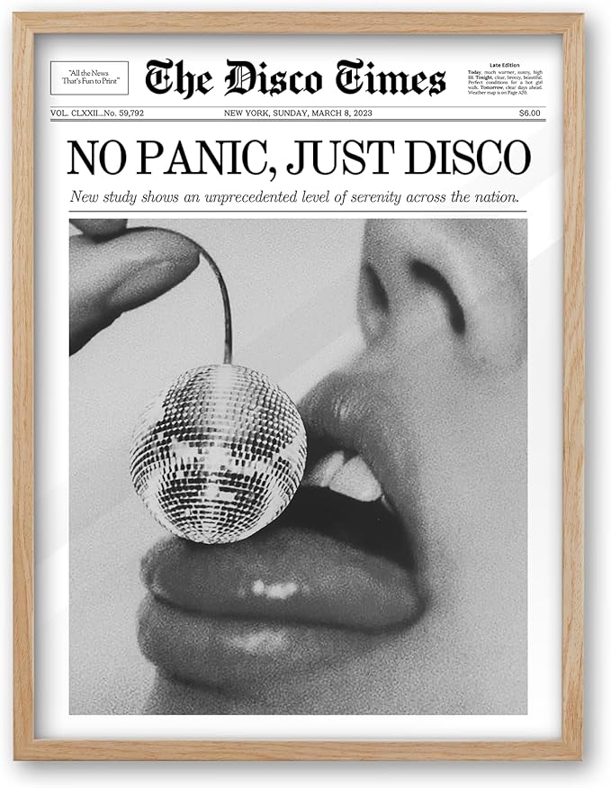 iHery No Panic Just Disco Framed Trendy NewsPaper Wall Art, Cherry Disco Ball by iHery