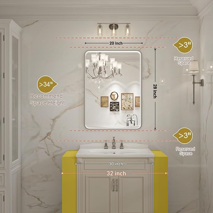 LED Bathroom Mirror with Lights, 20x28 Inch Brushed Silver Framed Lighted - Image 7