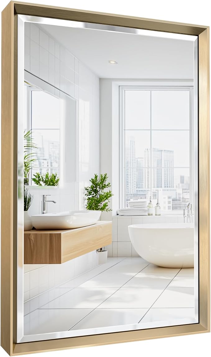 Brushed Gold Bathroom Mirror, Anti-Rust Gold Framed Rectangle Wall Mirror by QUEENFUN