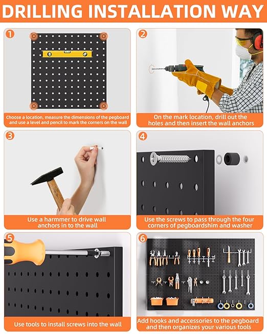 INCLY 6 Pack 12"x12" Black Metal Pegboard Panels, Heavy Duty Pegboard Wall - Image 3