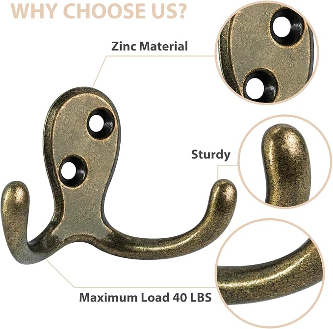 Homanu 14 Pack Coat Hooks, Heavy Duty Double Prong Coat Hooks Wall Mounted - Image 4
