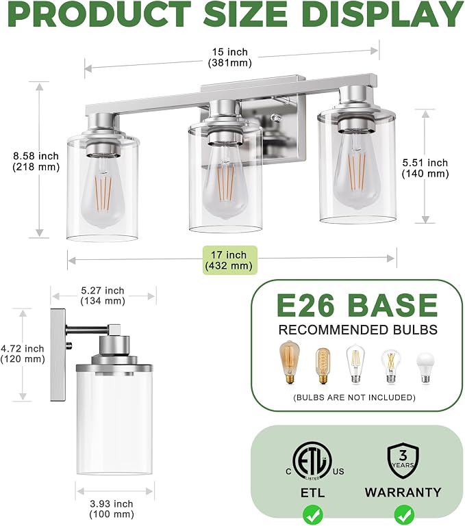 DORESshop 17 Inch Bathroom Light Fixtures, 3-Light Chrome Bathroom Lighting - Image 5