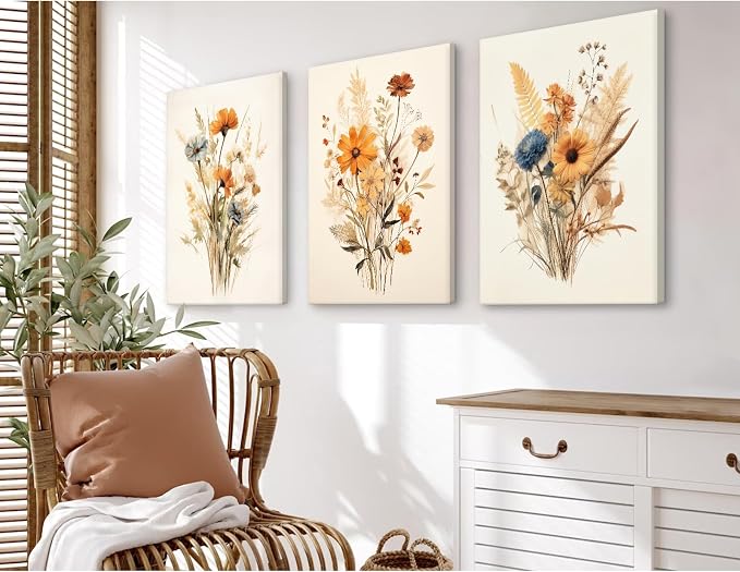 Botanical Floral Wall Art Set of 3 Vintage Wildflower Canvas Wall Decor - Image 3