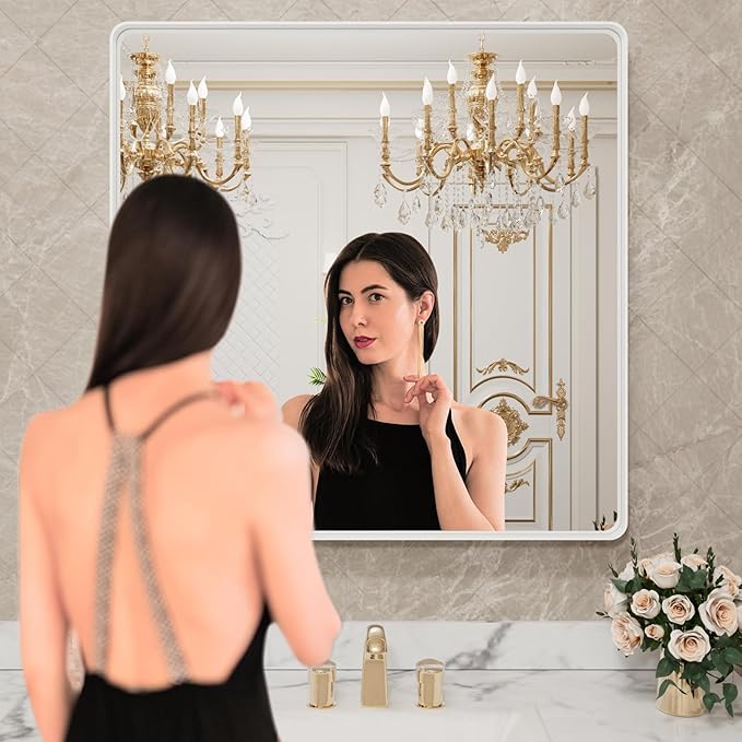 LOAAO 38x38 Inch White Metal Framed Bathroom Mirror - Image 2