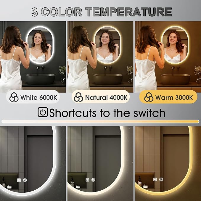 20x28 LED Bathroom Mirror with Lights Oval, Lighted Bathroom Vanity Mirror - Image 2