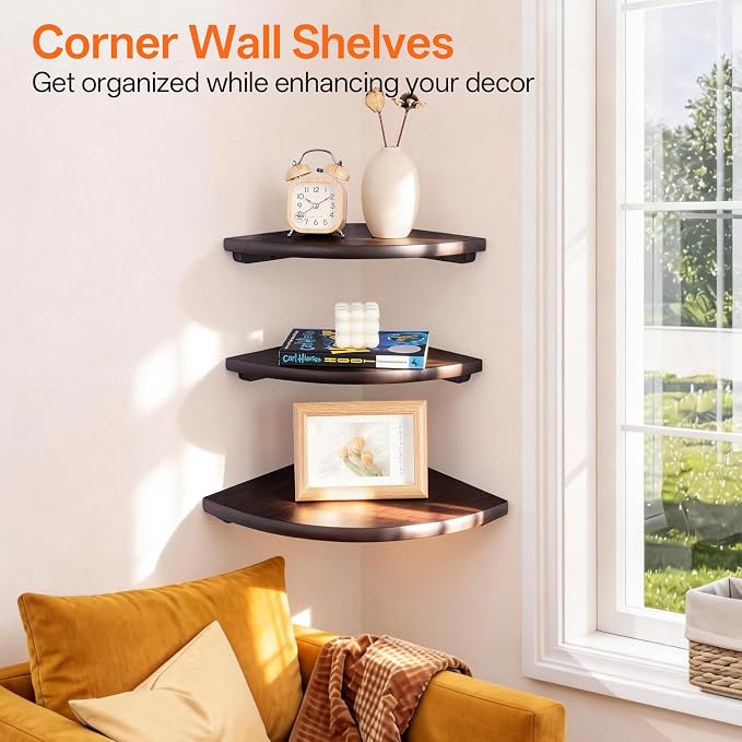Gieanoo Floating Corner Shelves Set 2 16inch Walnut Solid Oak Rounded Corner - Image 4