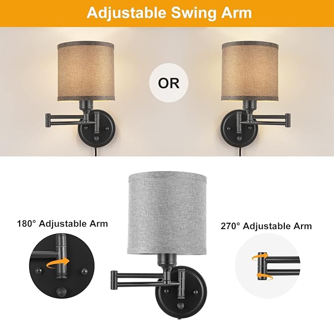 GOODATE Dimmable Plug in Wall Sconces, Swing Arm Wall Lamp, Wall Sconces Set of - Image 7