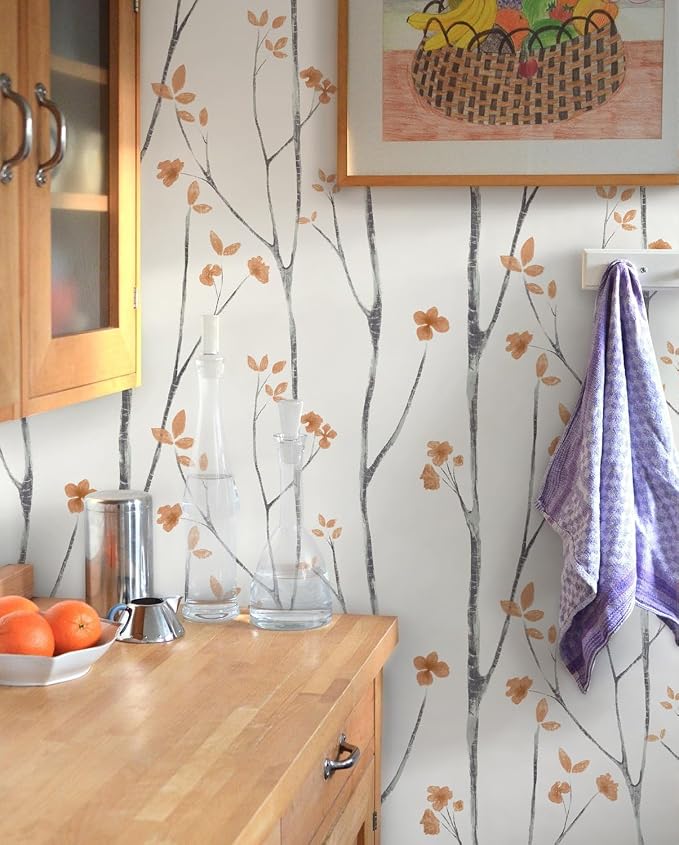 Timeet Peel and Stick Wallpaper White and Orange Floral Wallpaper Boho Leaf - Image 5