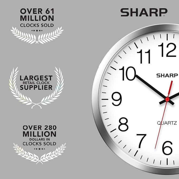 Sharp Wall Clock – Silver/Chrome, Silent Non Ticking 12 Inch Quality Quartz - Image 7