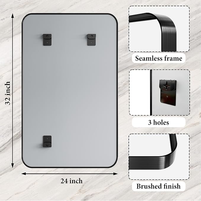 Matte Black Metal Framed Vanity Rounded Rectangle Bathroom 24X32 Inch Mirrors - Image 4