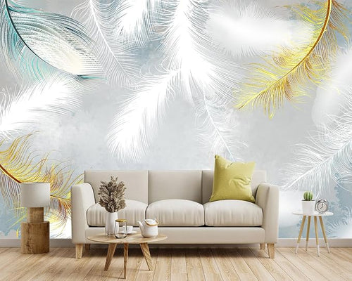 -Gold Modern Feather Fabric Wallpaper Living Room Bedroom Bathroom Large Wall - Image 2