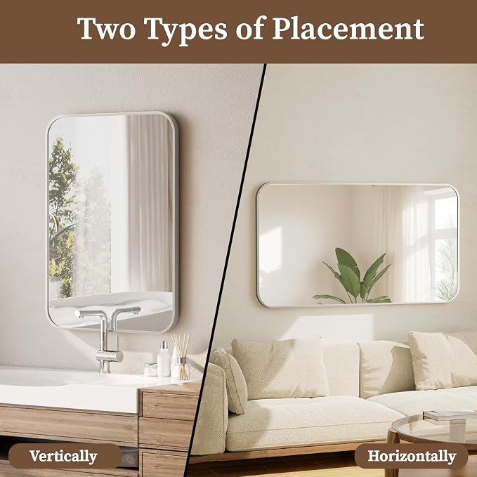 BEAUTYPEAK Silver Wall Mounted Bathroom Mirror, Aluminum Alloy Frame Bathroom - Image 4