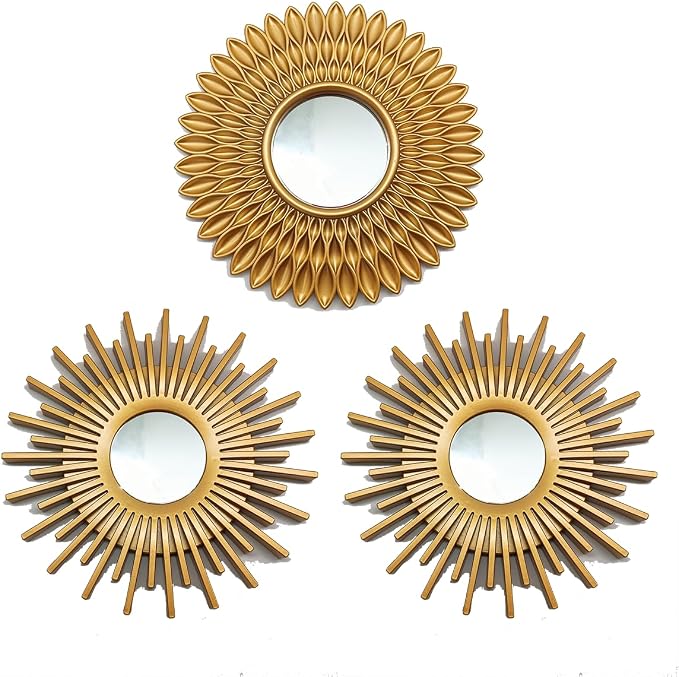 Gold Mirrors for Wall Decor Pack of 3. Round Mirrors.Rays of Light and Annual by MCCxxii