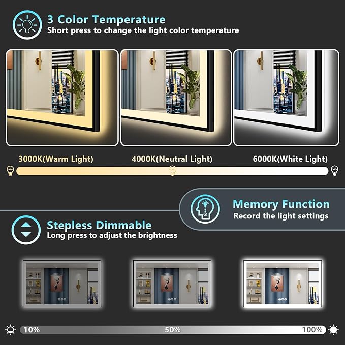50x32 Black Framed LED Bathroom Mirror - Image 5