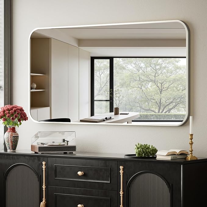 BEAUTYPEAK Silver Wall Mounted Bathroom Mirror, Aluminum Alloy Frame Bathroom by BEAUTYPEAK