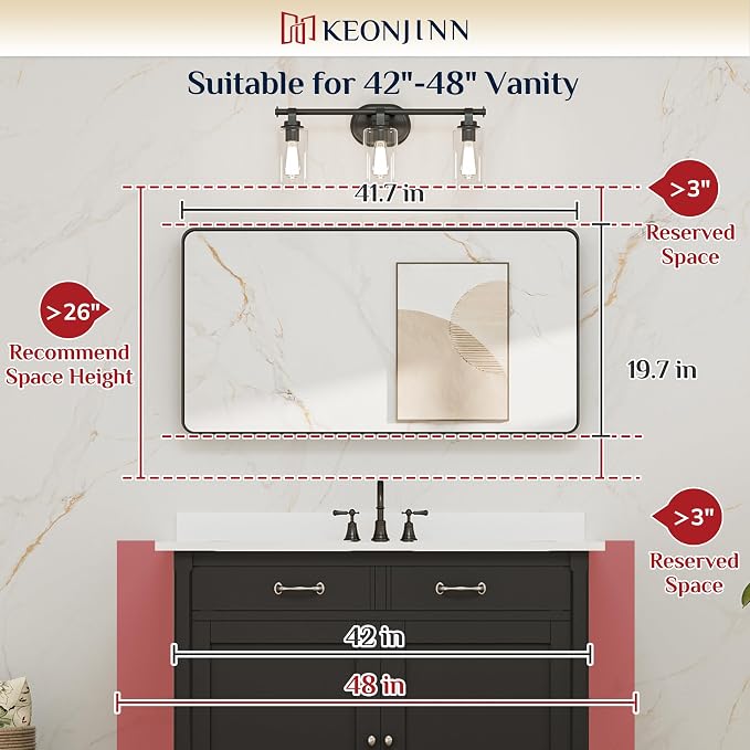 Keonjinn Black Bathroom Mirror for Over Sink, 42 x 20 Inch Rounded Rectangle - Image 6
