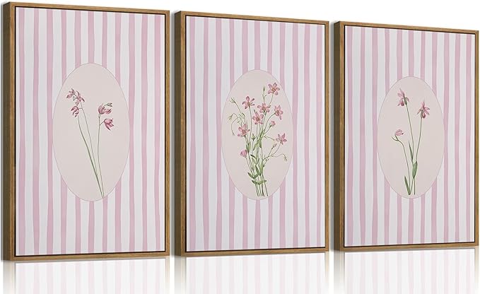 KISSFOX 3 Piece Floral Framed Wall Art Pink Wildflower Canvas Wall Art Flower by KISSFOX
