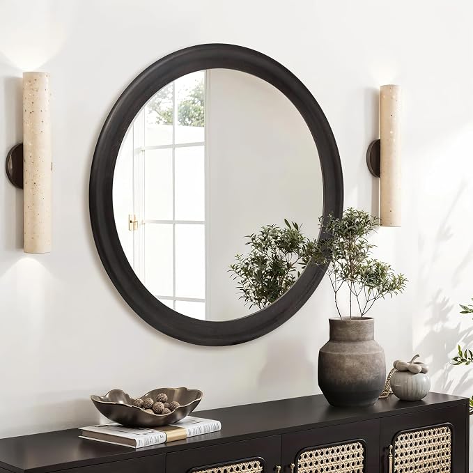 CULER Round Wall Mirrors 36 Inch, Wood Rustic Decorative Transitional Mirror - Image 3