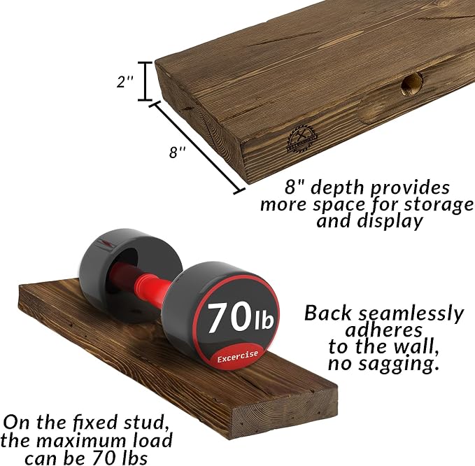 Distressed Floating Shelves 36 inch Long Set of 2, 8 inch deep Solid Wood Wall - Image 3