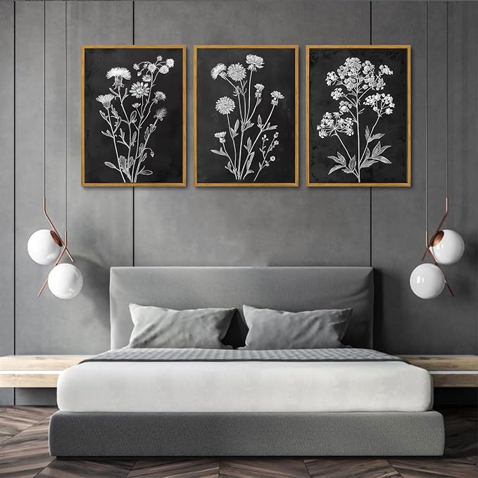 KISSFOX Framed Floral Botanical Canvas Wall Art Vintage Black Background Plant - Image 2
