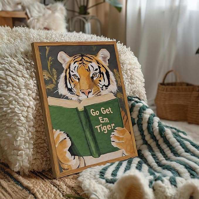 Framed Funny Tiger Wall Art, Motivational Animal Reading Wall Decor Paintings - Image 3