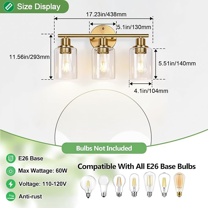 3-Light Gold Bathroom Light Fixtures, Modern Bathroom Vanity Light - Image 8
