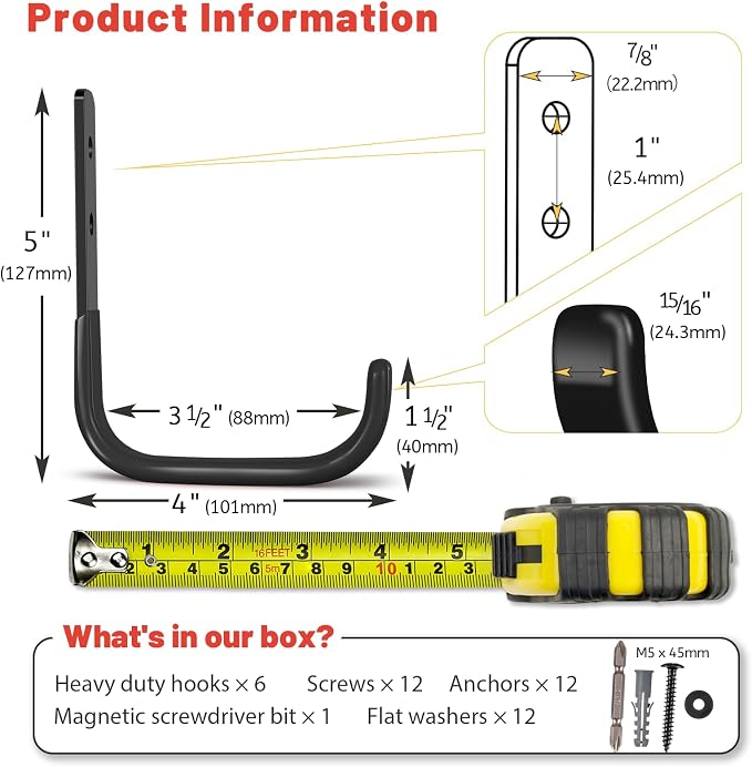 Garage Hooks 4 Inch, 6 Pack Heavy Duty Wall Hooks - Image 6