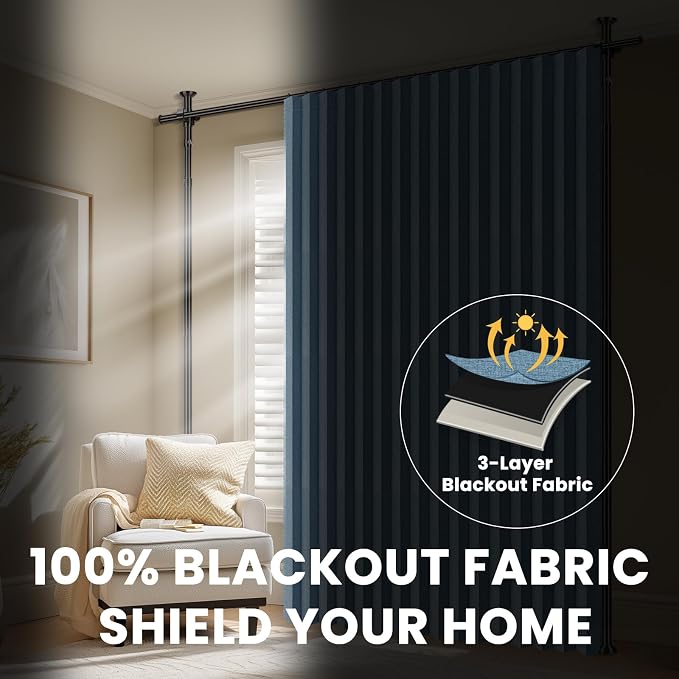 100% Blackout Room Divider Curtains Sets Blue 2 Panels W100 x L96in No Drill - Image 5