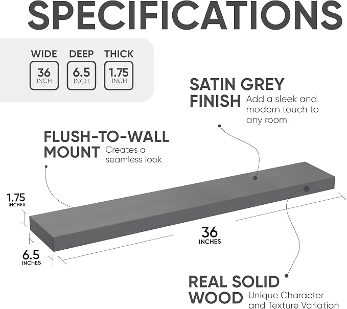 Homeforia 36 inch Gray Floating Shelves, High End Solid Real Wood 36inch - Image 2