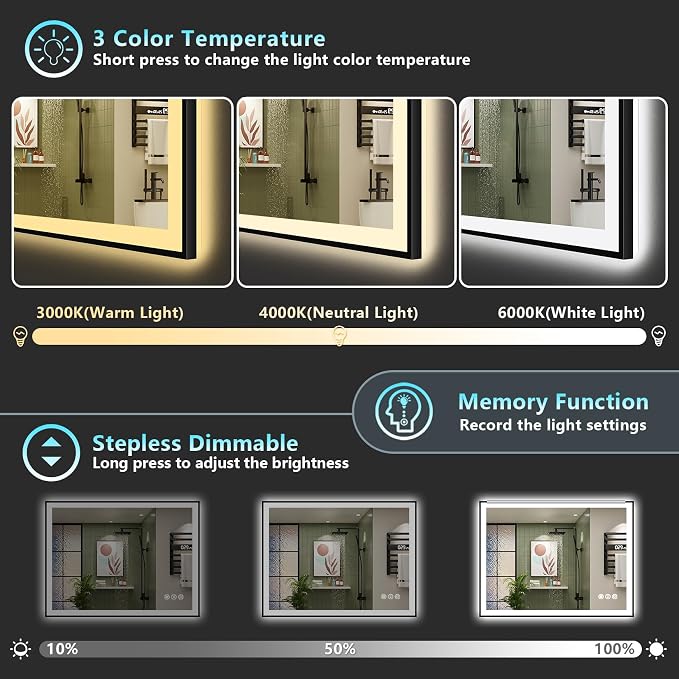 40x30 Black Framed LED Bathroom Mirror - Image 5
