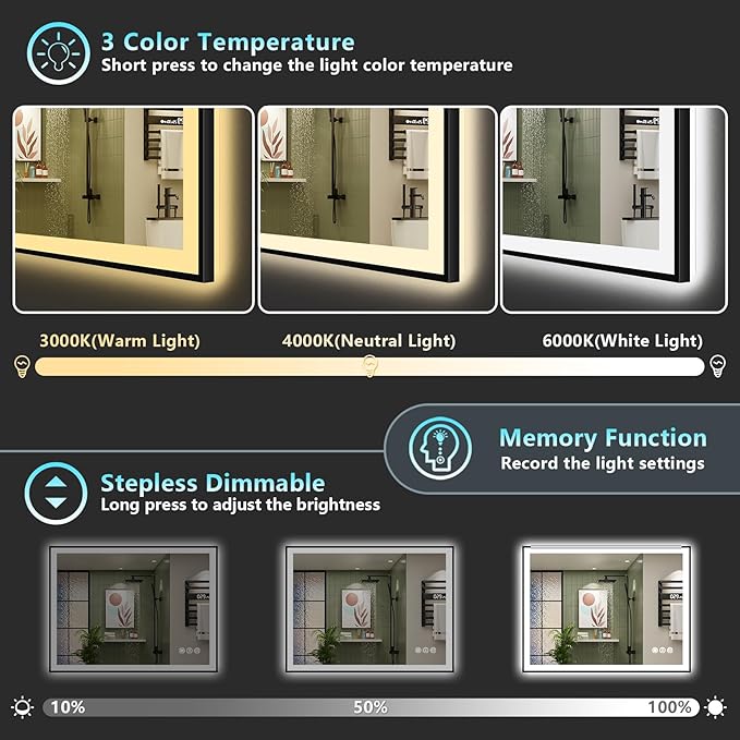 44x36 Black Framed LED Bathroom Mirror - Image 5