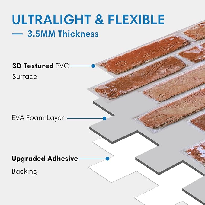COMSTICKC 3D Red Faux Brick Wall Panel Peel and Stick Wall Covering, 3D Brick - Image 4