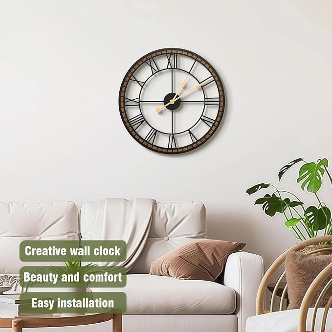 Micasso Large Farmhouse Wall Clock: 20 inch Modern Metal Black - Image 3
