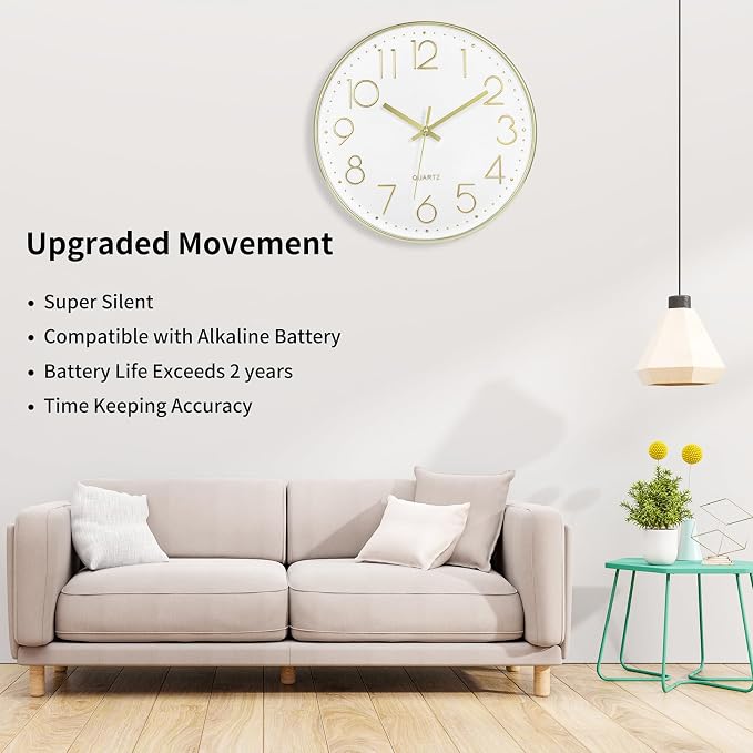 Foxtop Gold Wall Clock 12 Inch Silent Non-Ticking Battery Operated Round Modern - Image 3