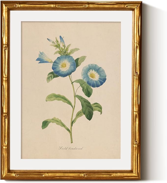 InSimSea Gold Bamboo Framed Canvas Wall Art, Retro Blue Field Bindweed by InSimSeaArt