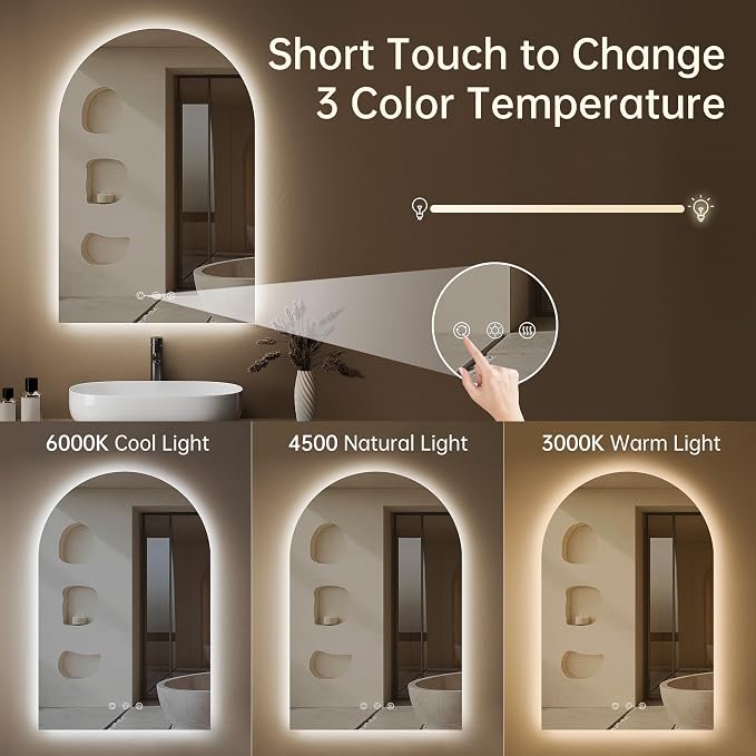 Arched Backlit Mirror Bathroom 24"x36"- Frameless LED Bathroom Mirror - Image 4