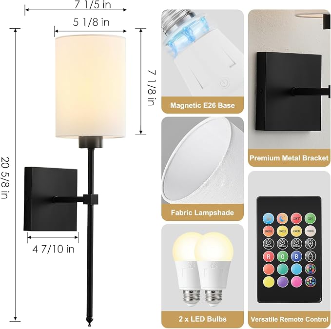 KARTOOSH Battery Operated Wall Sconce Set of Two, Wireless Rechargeable Wall - Image 7