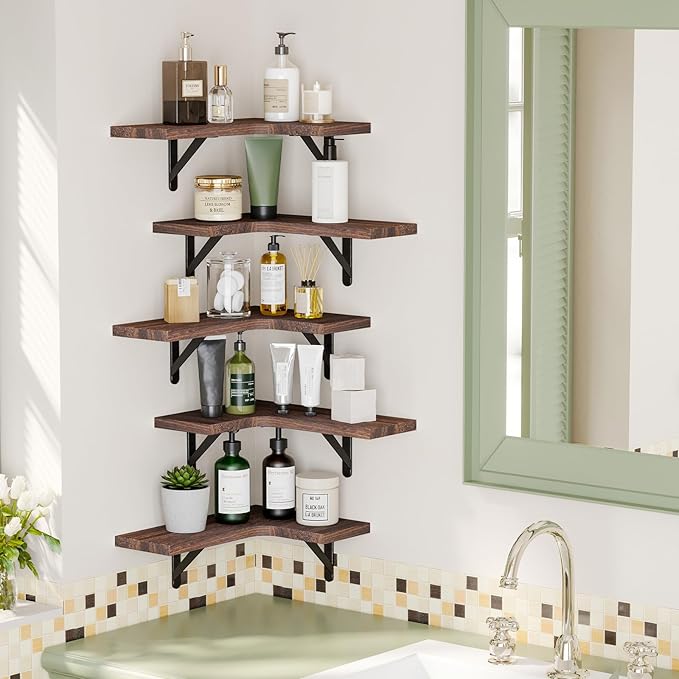 Fixwal Floating Shelves for Wall Set of 5, Rustic Wood Wall Mounted Corner - Image 4