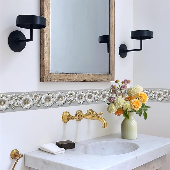 Silver Floral Wallpaper Border 196x4 Inch Peel and Stick Wall Border Metallic - Image 5