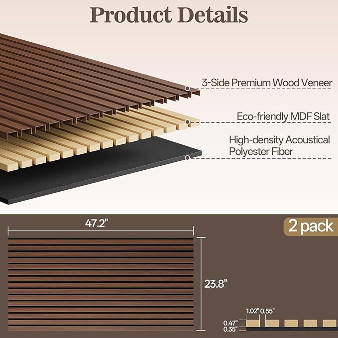 2 Pack Wood Panels for Wall, 47.24" x 23.81" Acoustic Wood Slat Wall Panel for - Image 2