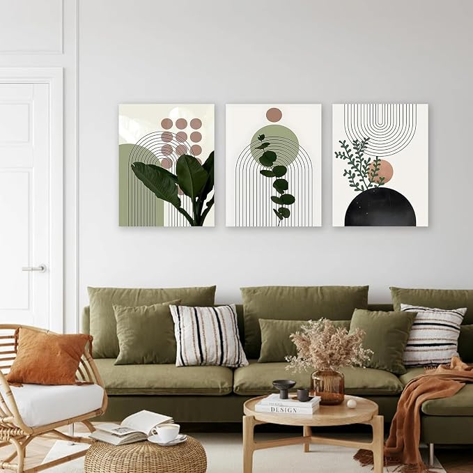 Sage Green Boho Wall Art, KBKBART Abstract Framed Canvas Wall Art Palm Leaf Sun - Image 2