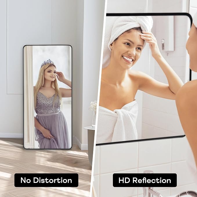 Wall Mount Mirror for Bathroom, Brushed Black Metal Framed Large Rounded Corner - Image 3