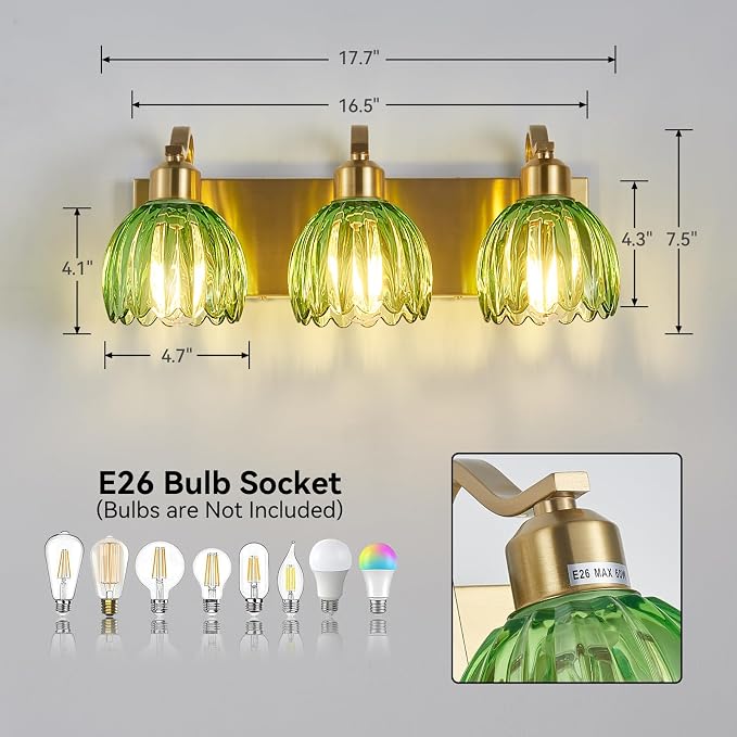 3-Light Vanity Lights with Green Tulip Glass Shade, Vintage Vanity Wall Sconce - Image 3