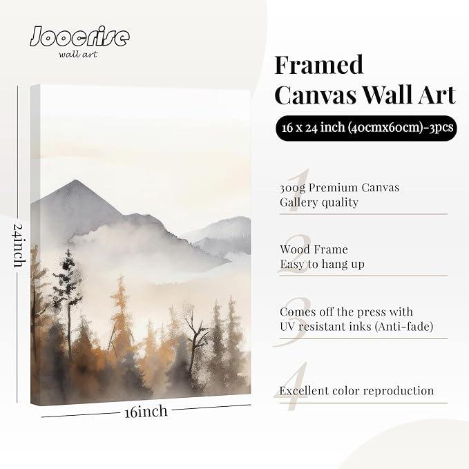 Neutral Mountain Wall Art Decor Set of 3 Forest Canvas Wall Art Poster - Image 2