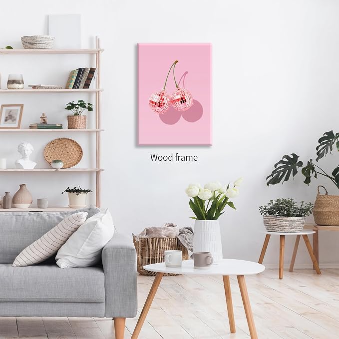 Funky Pink Cherry Poster Retro Disco Ball Canvas Wall Art 16X24 inch Framed - Image 4