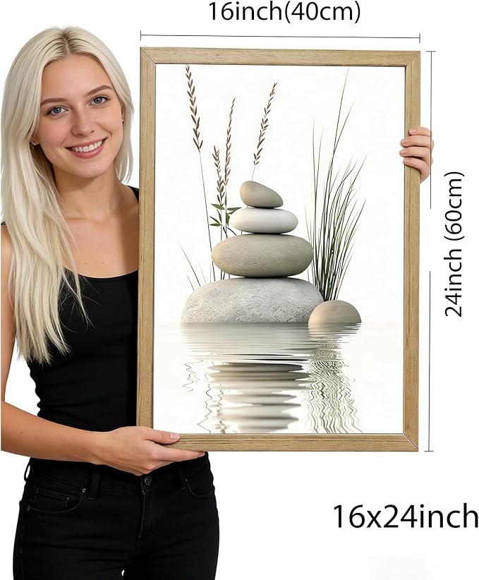 Wooden Frame Zen Stone Canvas Wall Art, Stacked Stones in Water Poster Print. - Image 7