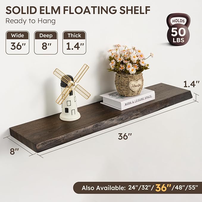 Floating Shelves Set of 2, Solid Elm Wood Wall Shelves 36 Inch - Image 3