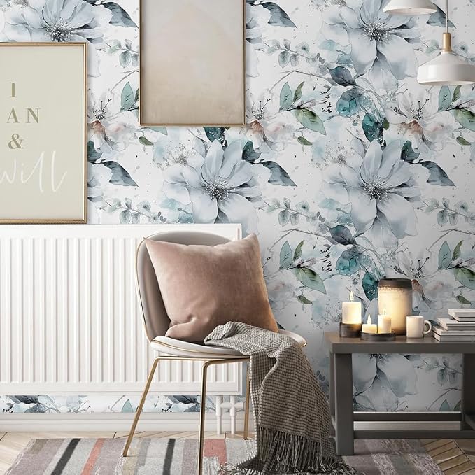 Ice Blue White Large Hyacinth Floral Green Leaf Peel and Stick Wallpaper Wall - Image 3